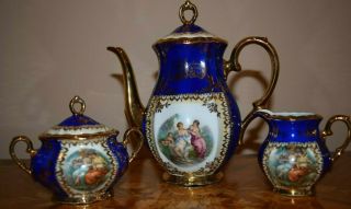 Vintage Bareuther Bavaria Germany Cobalt Blue Porcelain Coffee Trio Set