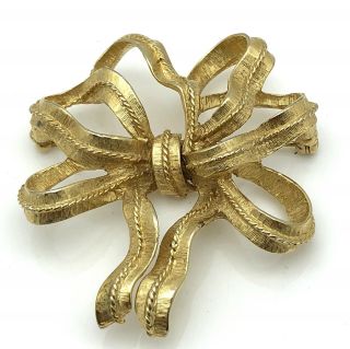 Monet Bow Ribbon Brooch Pin Gold Tone Signed 2 Inches By 1.  875 Inches Vintage