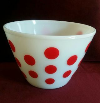 Vintage Fire King Red Polka Dot Milk Glass 9.  5 " Nesting Mixing Bowl
