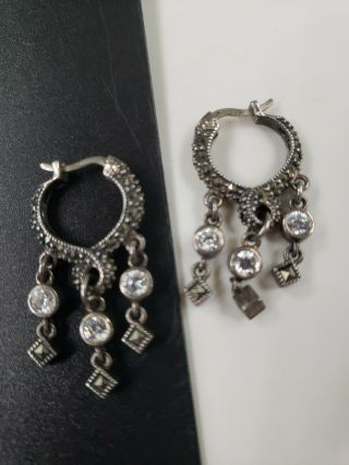 Vintage Sterling Silver 925 Marcasite White Cz Gems Dangle Earrings 1.  25 " T 6 G