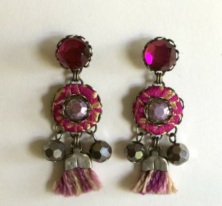 Ayala Bar Dangle Post Earrings Handcrafted Pink Gemstone,  Beads,  Fabric,  Vintage