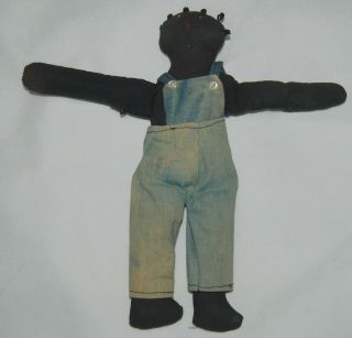 Vintage Black Americana Folk Art Male Doll Blue Overalls 11 " Braids Handmade