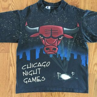 Vtg 90s Chicago Bulls Night Games Starter T Shirt Sz Med 2 Sided All Over Print