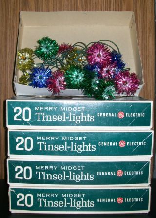 Vintage Ge Merry Midget Tinsel Lights Multicolored (4) Boxes Plus Extra.