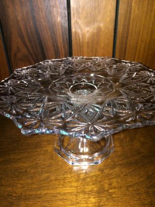 Vintage Ornate Clear Crystal Glass Cake Stand Plate Platter 5” Tall 9” Diameter