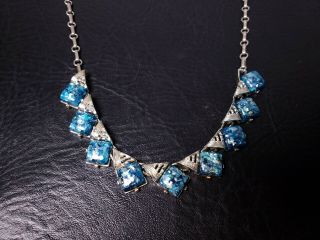 Vintage Jewelry Signed Coro Necklace Blue Flecked Stones Silvertone