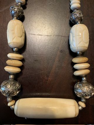 Vintage Boho Statement Necklace Carved Bone Tribal Necklace