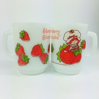2 Vintage Strawberry Shortcake Doll Coffee Cups Mugs Milk Glass Anchor Hocking