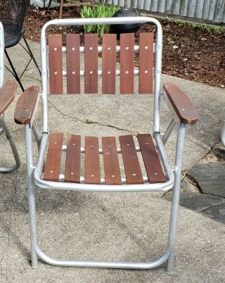 Vintage Mid Century Modern Aluminum Lawn Folding Chair Wood Slat Redwood