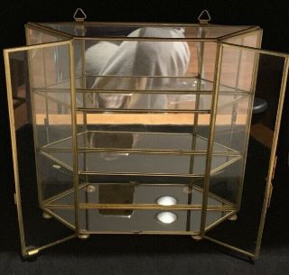 Vintage Brass Glass 3 Tier Mirrored Curio Miniatures Display Case Cabinet Mcm