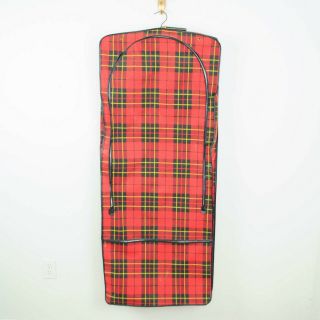 Vintage Plaid Hanging Garment Bag Case Red Tartan Heavy Duty Travel Luggage