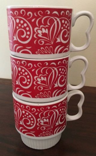 3 Vintage Made In Japan Stacking Mugs Red And White Design Heart Shape Handles
