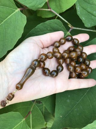 Vintage Brown Green Swirl Bakelite Faturan Prayer Bead Necklace 39 Grams