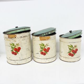 Vintage Set Of 3 Tin Kitchen Canisters Cherry Pattern 454
