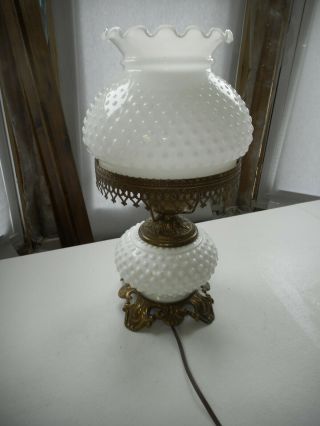 Vintage Hobnail White Milk Glass Hurricane Lamp 15 " Tall Lighted Base