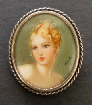 Vintage Italian 800 Silver Hand Painted Portrait Brooch Or Pendant - Signed