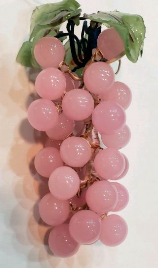 Vintage Art Nouveau Pink Glass Fruit Bunch Grapes Cluster Green Leaves Nr