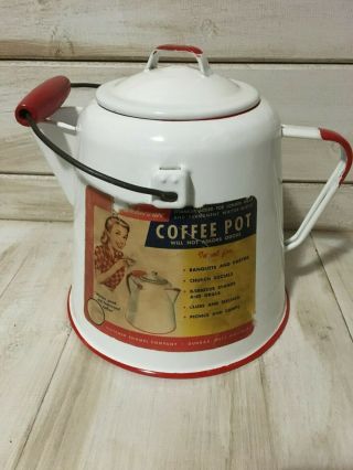 Vintage White And Red Trim Enamelware Coffee Pot With Sticker