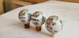 3 Vintage Porcelain Bottle Stoppers,  Bourbon,  Scorch,  Rye,  Floral W/ Gold Accent
