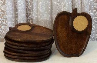 Vtg Set 8 Wood Apple Shape Snack Tray Coasters Gail Craft Quality Woodenware