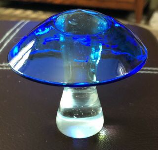 Vintage Viking ?? Blue Clear Art Glass Mushroom 3”h X 3 1/4 " W