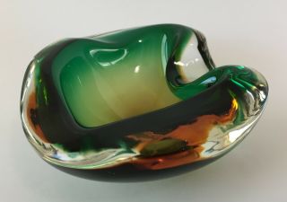 Vintage Murano Art Glass Sommerso Ashtray Bowl Emerald Green And Amber