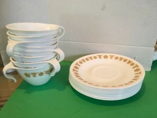 Set Of 8 Vintage Corelle Pyrex Butterfly Gold Hook Handle Tea Cups And Saucers