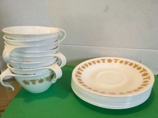 Set of 8 Vintage Corelle Pyrex Butterfly Gold Hook Handle Tea Cups And Saucers 2