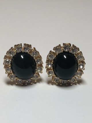 Vintage Christian Dior Black & Clear Rhinestones Clip On Earrings