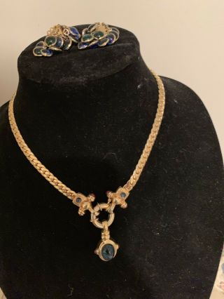 Vintage Clip On Earring Necklace Set Gold Blue Green
