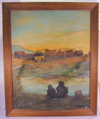 Vintage Folk Art Impressionist Landscape Oil Painting Field Signed Wood Frame