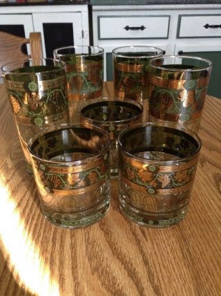 Vintage Cera Golden Grapes Tumblers Glasses Set Green Gold Mid Century Set Of 7