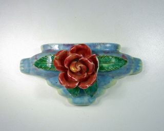 Vintage Art Deco Stepped Wall Pocket Vase With Applied Rose Flower & Leaves
