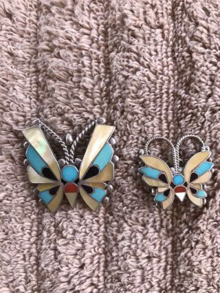 Vintage Neha Wallace Zuni? Inlay Butterfly Pins Sterling Silver Coral Turquoise