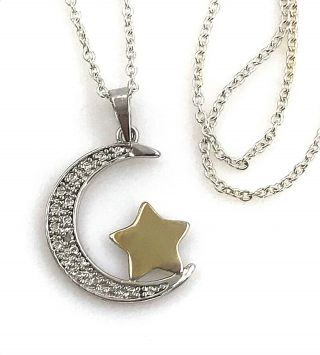 Vintage.  925 Sterling Silver 2 - Tone & Diamond Moon & Star Pendant Necklace,  16 "