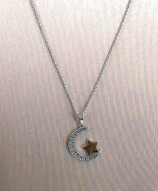 Vintage.  925 Sterling Silver 2 - Tone & Diamond Moon & Star Pendant Necklace,  16 