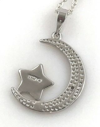 Vintage.  925 Sterling Silver 2 - Tone & Diamond Moon & Star Pendant Necklace,  16 