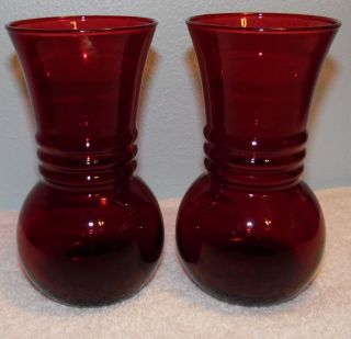 Vintage Anchor Hocking Ruby Red Glass Flared Ribbed Vases (2)