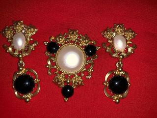 Vintage Htf Avon Baroque Style Lion Head Pearl Onyx Cabochon Brooch/pin Earrings