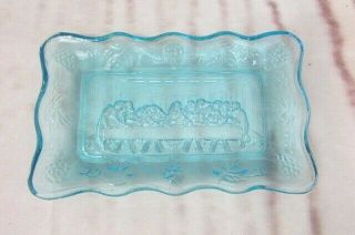 Vtg Indiana Tiara Glass Blue Last Supper Plate Dish 5 1/2  Rectangle