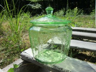 Uranium Glass Cookie Jar - 1930s Vintage Anchor Hocking Green Vaseline Depression