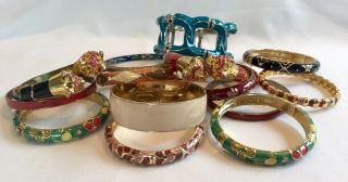 Vintage Multi Color Enamel Gold Tone Bangle Hinged Etched Rhinestone Bracelets 2