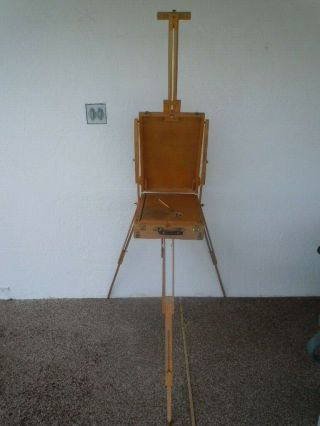 Vintage Wood Wooden Large Standing Tripod Portable Painting Art Easel W/ Pallet