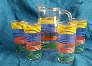 Vintage Fiesta Stripe Pitcher And 4 Tumblers Drinking Glasses