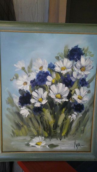 Vintage Oil Painting On Canvas Blue/white Flowers Signed Iva