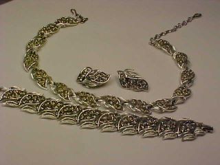 Vintage Signed Coro Silvertone & Gray Rhinestone Necklace/bracelet/earrings Set
