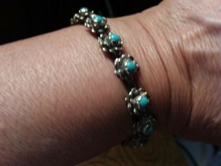 Vintage Taxco Mexican Sterling Silver Turquoise Flower Link 7.  25 " Bracelet