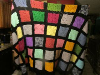 Vintage Crochet Granny Square Black Afghan Throw Blanket Handmade 54 " X 100 " Hym
