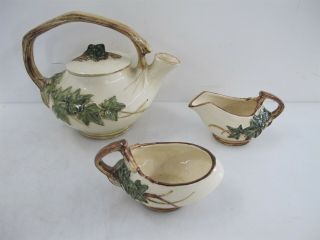 Vintage Mccoy Pottery Ivy Leaves Teapot,  Sugar,  And Creamer 1950s - 3 Piece Set