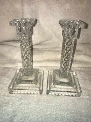Vintage American Fostoria Clear Glass Square Candle Stick Holders -